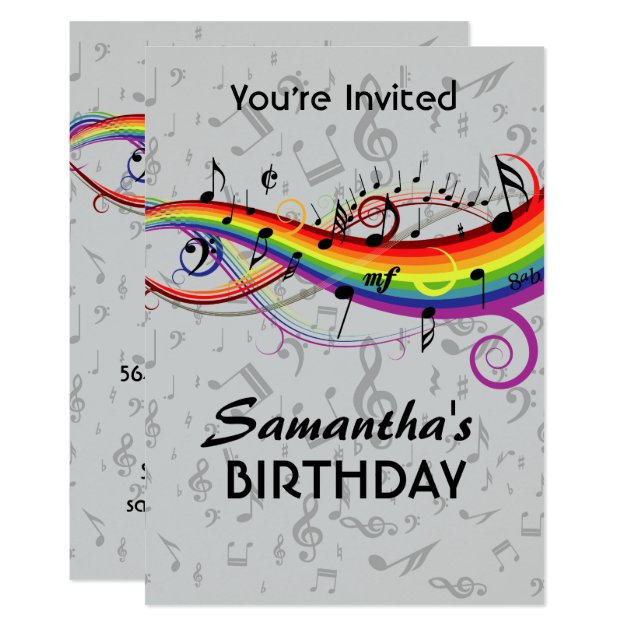 envelope Birthday party invitations bright rainbow Music notes Personalised A6